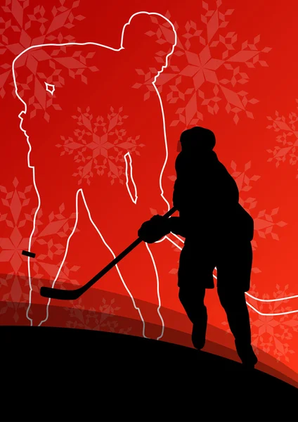 Actieve jonge mannen hockeyspelers sport silhouetten in winter ijs — Stockvector