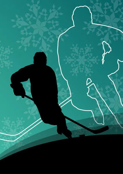 活跃的年轻男子曲棍球选手的运动在冬季冰中的剪影 — 图库矢量图片