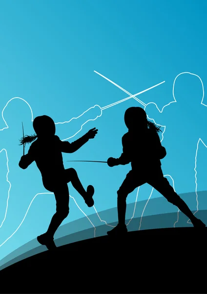 Lutadores de espadas jovens homens e mulheres ativos esgrima silhueta esporte — Vetor de Stock
