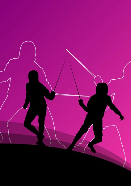 Sword fighters active young men and women fencing sport silhouet — Stock Vector
