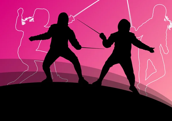 Kılıç savaşçıları aktif genç erkek ve kadınların spor silhouet eskrim — Stok Vektör