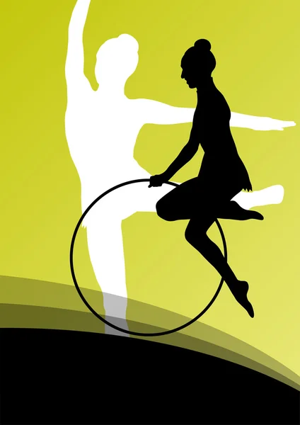 Active young girl gymnasts silhouettes in acrobatics spinning ri — Stock Vector