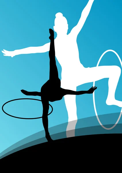 Activa chica joven gimnastas siluetas en acrobacias spinning ri — Vector de stock