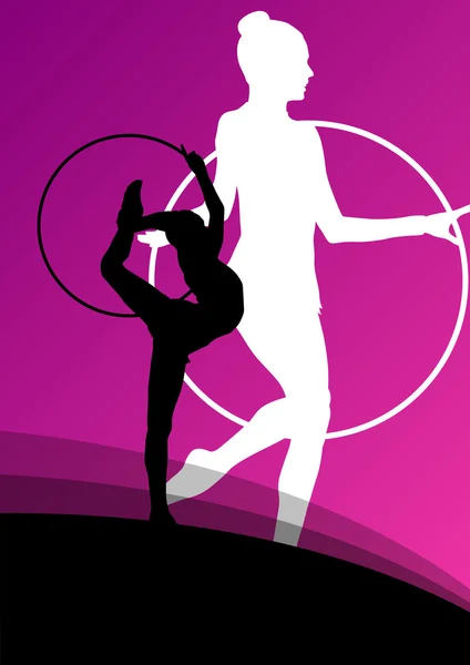 Actieve jong meisje gymnasten silhouetten acrobatiek spinnen ri — Stockvector