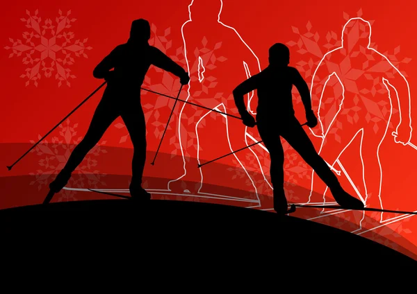 Actieve jonge mannen sport silhouetten in de winter-ijs en sneeuw skiën — Stockvector