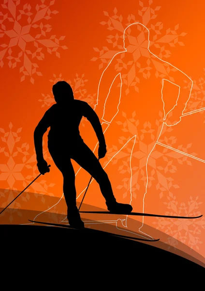 Actieve jonge mannen sport silhouetten in de winter-ijs en sneeuw skiën — Stockvector