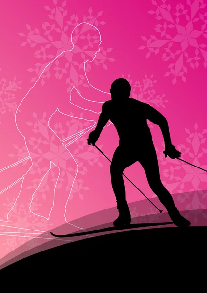 Jóvenes activos esquiando siluetas deportivas en invierno hielo y nieve — Vector de stock