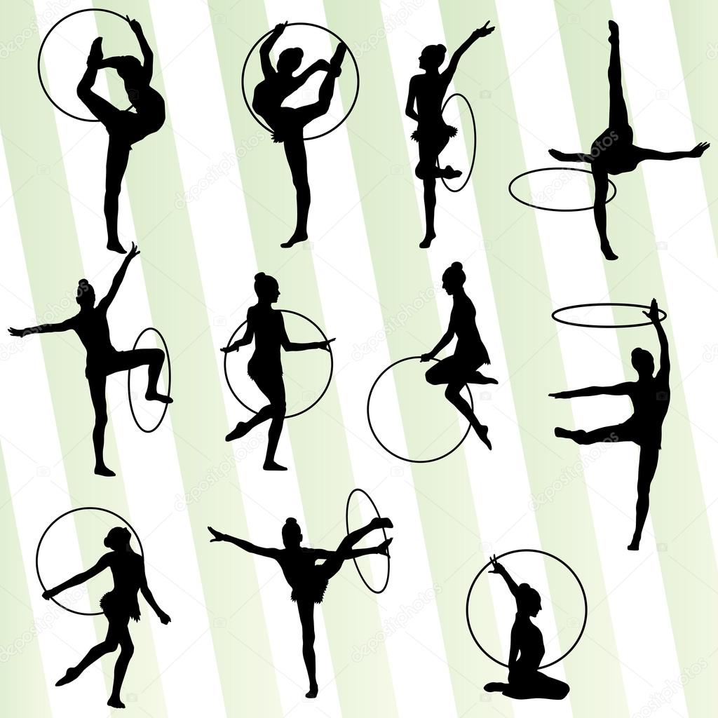 Active young girl gymnasts silhouettes in acrobatics spinning ri