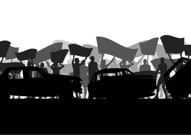 Protestocular kızgın insanlar kalabalık posterler ve soyut Bayraklarda