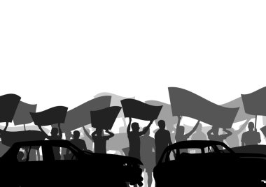 Protestocular kızgın insanlar kalabalık posterler ve soyut Bayraklarda