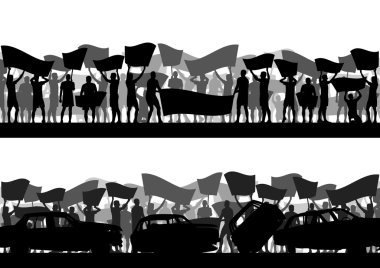 Protestocular kızgın insanlar kalabalık posterler ve soyut Bayraklarda