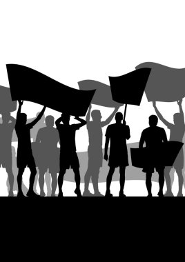 Protestocular kızgın insanlar kalabalık posterler ve soyut Bayraklarda