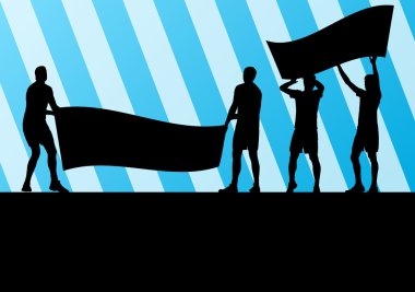 Protestocular kızgın insanlar kalabalık posterler ve soyut Bayraklarda