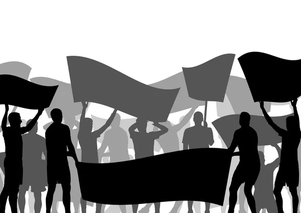 Manifestantes indignados se agolpan con carteles y banderas en abstracto — Archivo Imágenes Vectoriales
