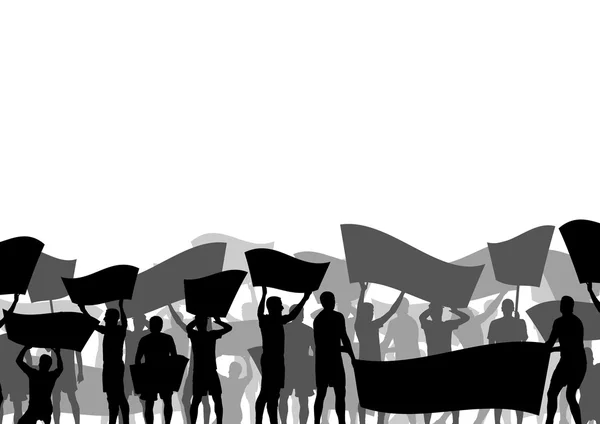 Manifestantes indignados se agolpan con carteles y banderas en abstracto — Vector de stock