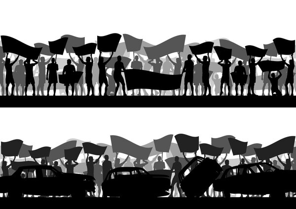 Протестующие толпились в абстрактных плакатах и флагах
