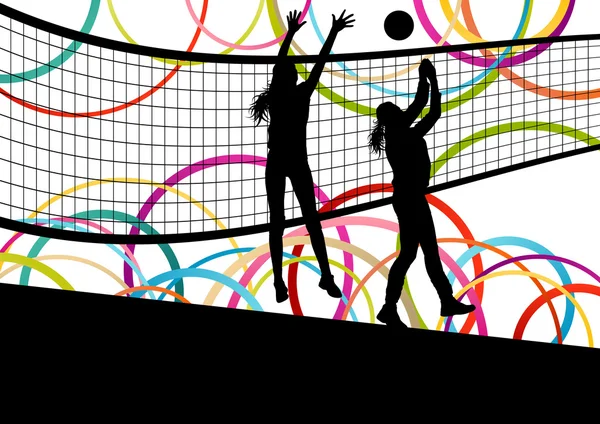 Jeunes joueuses actives de volley-ball silhouettes sportives dans l'abstra — Image vectorielle