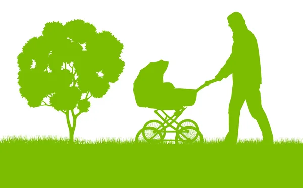 Dad with baby pram outdoor vector ecology background — Stock Vector