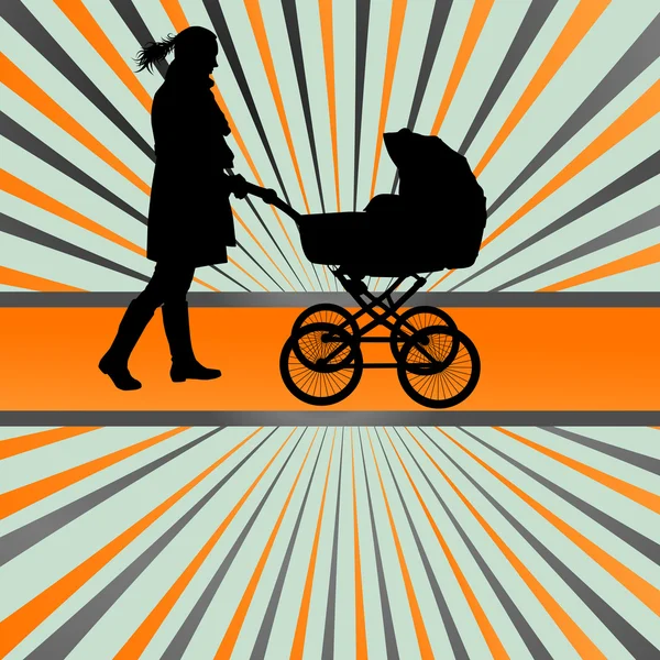 Mother with baby carriage vector background concept — Stock Vector
