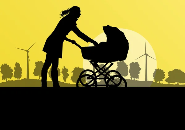 Moeder met baby pram buiten vector ecologie achtergrond — Stockvector