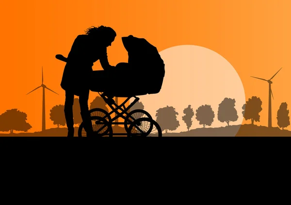 Mãe com bebê carrinho ao ar livre vetor ecologia fundo — Vetor de Stock