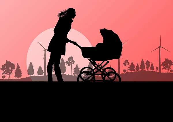 Madre con bebé cochecito al aire libre vector ecología fondo — Vector de stock