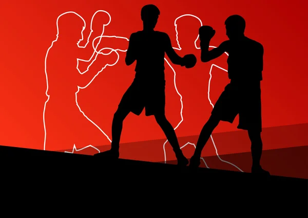 Boxeo activo hombres jóvenes caja deporte siluetas abstracto backgroun — Vector de stock