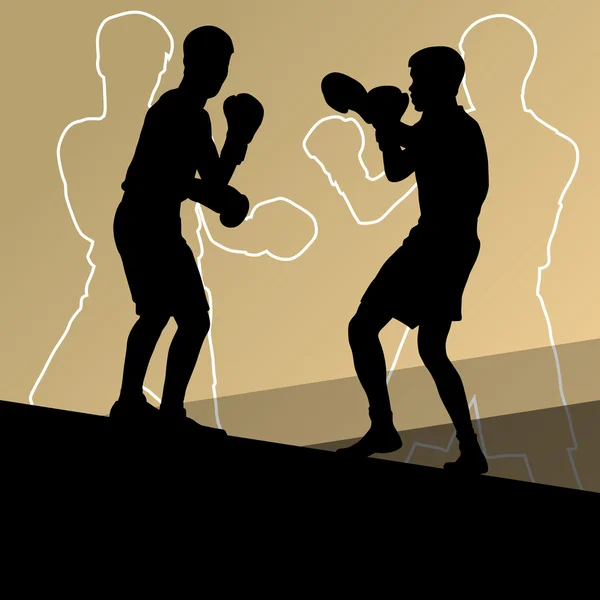 Boxeo activo hombres jóvenes caja deporte siluetas abstracto backgroun — Archivo Imágenes Vectoriales