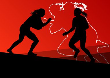 Rugby player aktif genç kadınlara spor siluetleri soyut backg