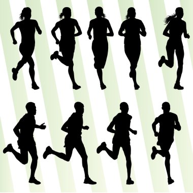 Maraton koşucular detaylı etkin çizimde siluetleri collec