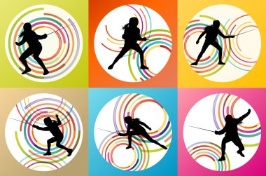 Fencing sport silhouette vector background set concept clipart