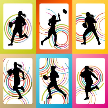 Rugby oyuncusu kadın siluet vektör arka plan set