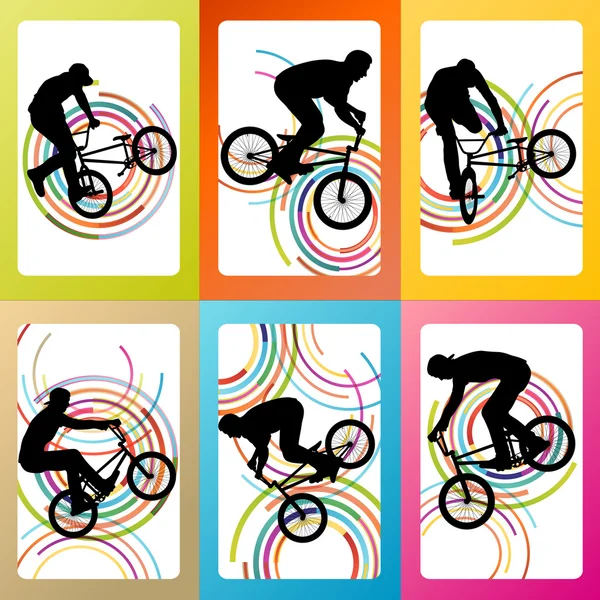 นักขี่จักรยานสุดขั้ว นักขี่จักรยาน เด็กที่ใช้งาน กีฬา สีลูเอท — ภาพเวกเตอร์สต็อก