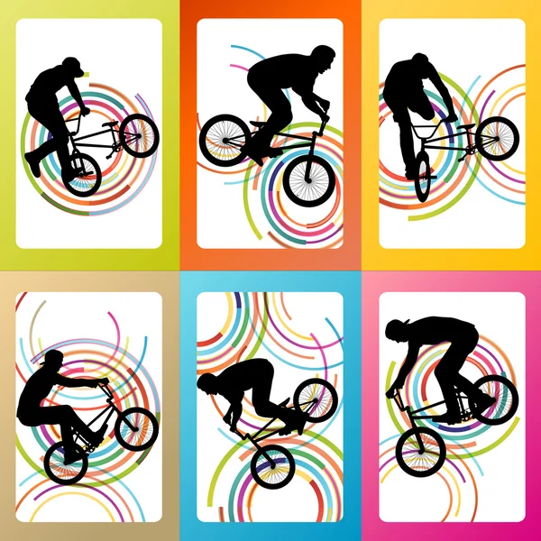 Extreme cyclists bicycle riders active children sport silhouette — Stock Vector