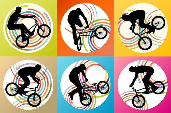 Extreme cyclists bicycle riders active children sport silhouette — Stock Vector