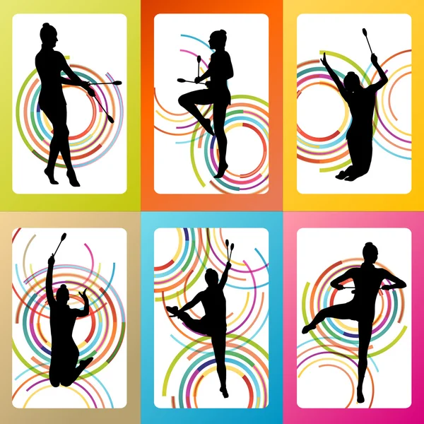 Ritmische kunst gymnastiek vrouw met clubs vector achtergrond — Stockvector