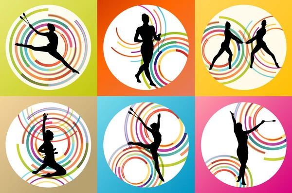 Arte rítmico gimnasia mujer con clubes vector de fondo — Archivo Imágenes Vectoriales