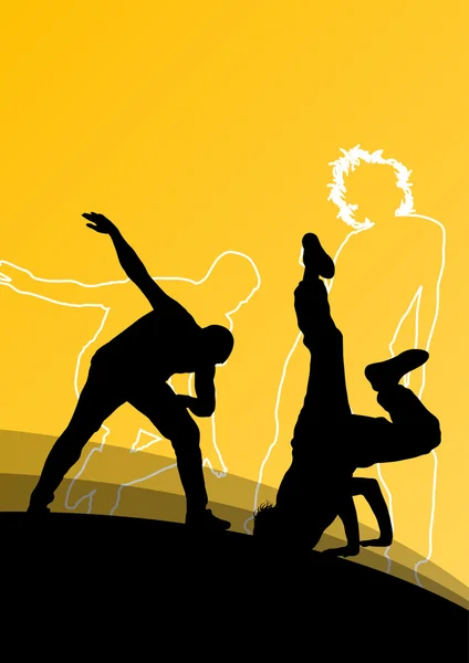 在抽象线中的活跃年轻男人和女人舞蹈剪影 — 图库矢量图片