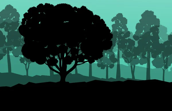 Ecologie bos vector achtergrond concept met vele gedetailleerde boom — Stockvector