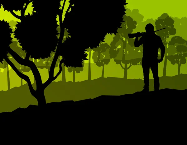 Hunter silhouette arrière-plan paysage concept vectoriel avec fores — Image vectorielle