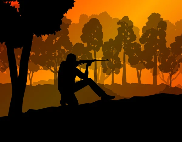 Hunter silhouette arrière-plan paysage concept vectoriel avec fores — Image vectorielle