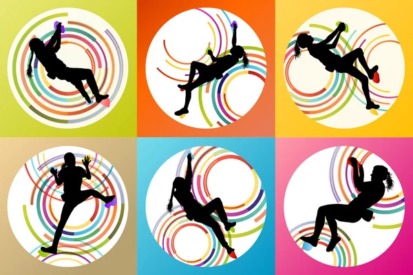 Girl climbing rock wall set vector background concept — Stock Vector