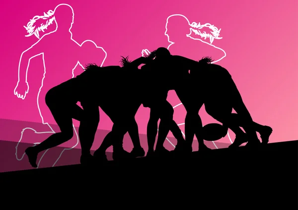 Rugby speler actieve jonge vrouwen sport silhouetten abstracte backg — Stockvector