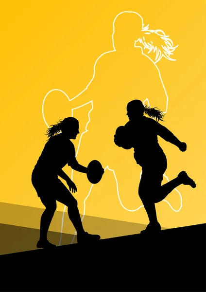 Ράγκμπι παίκτης ενεργό νεαρές γυναίκες αθλητισμού σιλουέτες αφηρημένη backg — Διανυσματικό Αρχείο