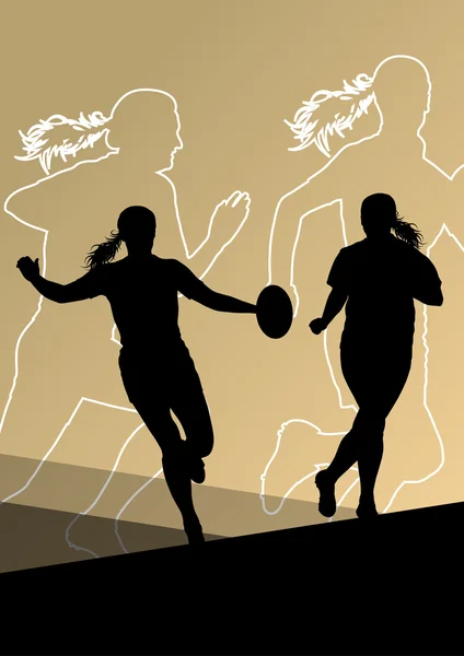 Rugby speler actieve jonge vrouwen sport silhouetten abstracte backg — Stockvector