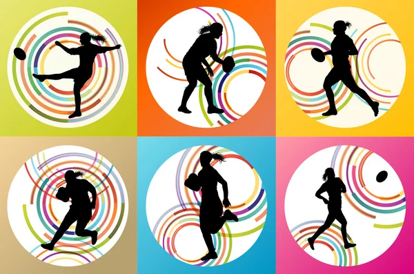 Jeu de fond vectoriel silhouette femme joueur de rugby — Image vectorielle