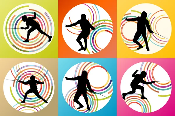 Fencing sport silhouette vector background set concept — Stock Vector