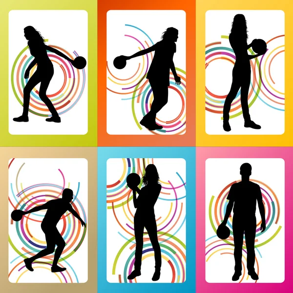 Bowling speler silhouetten vector instellen achtergrond — Stockvector