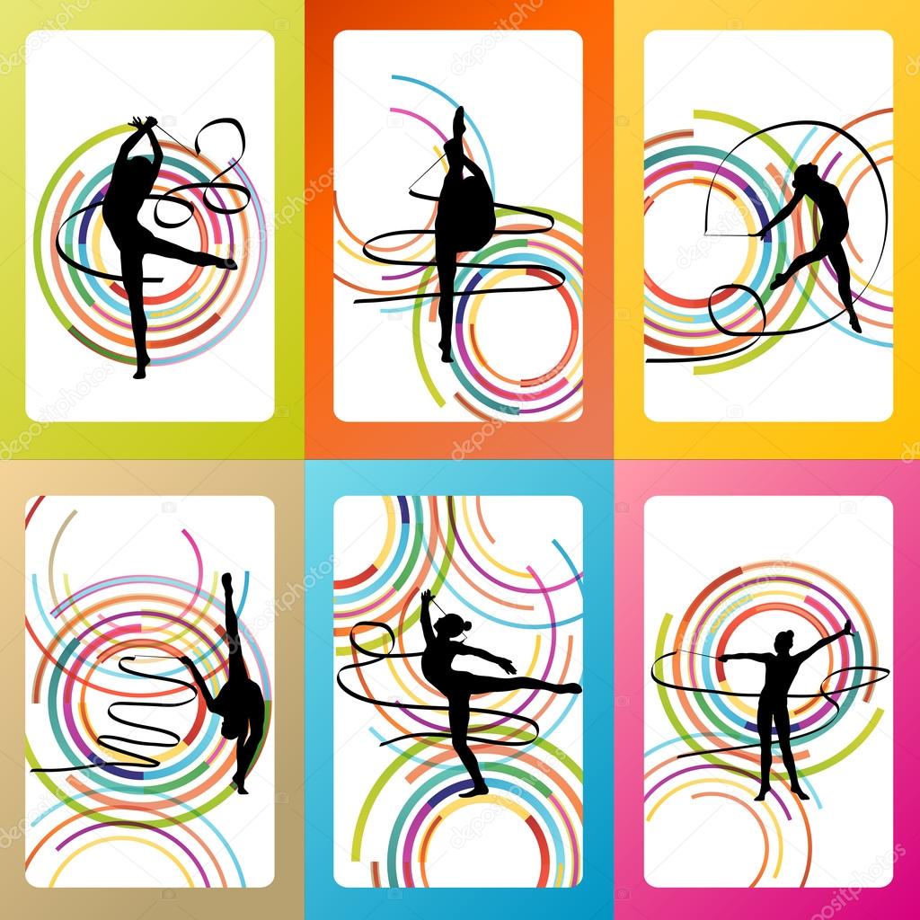 Art gymnastics with ribbon vector background set