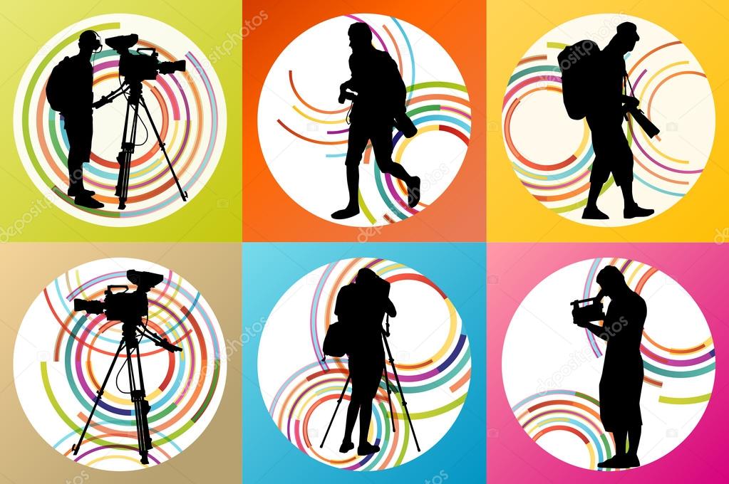 Cameramen and camcorder video operator set vector background